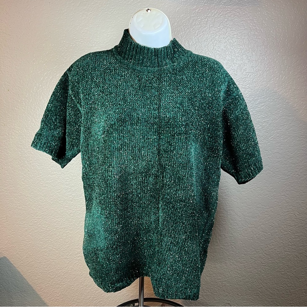 Vintage Erika & Co Green Shimmer Knit Sweater Top Short Sleeve Medium